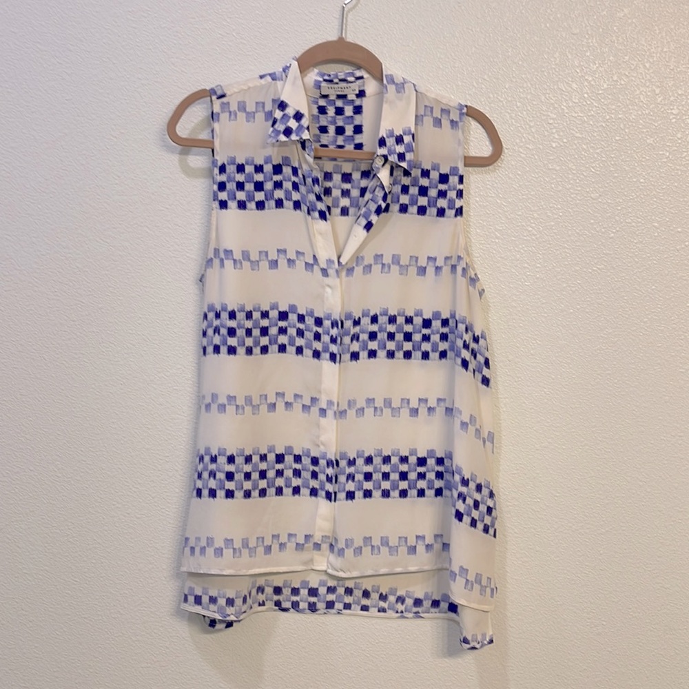 Classic blue and white printed sleeveless blouse. 100% silk